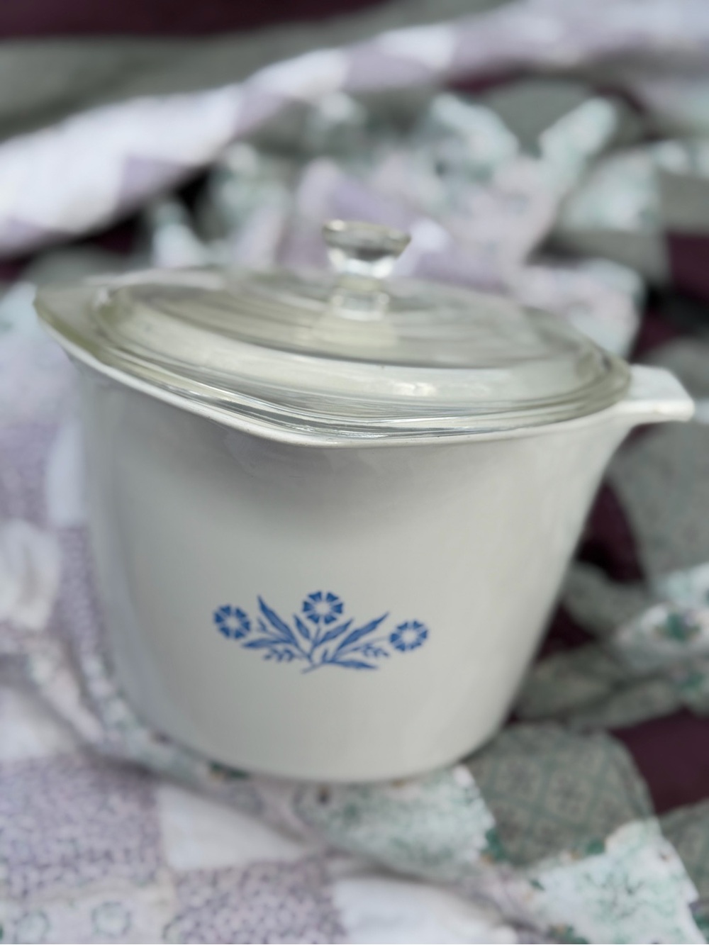 Corningware Vintage White Ceramic Casserole with Blue Floral. Glass Lid